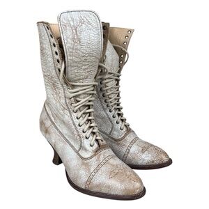 Oak Tree Frontier Victorian Lace-Up Boots Distressed White Leather Sz 6